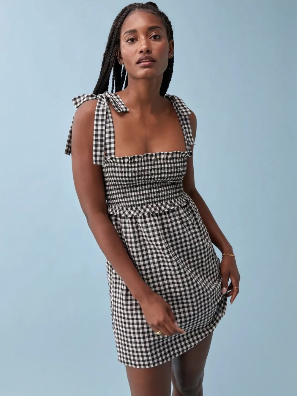 Reformation Dawson Black and White Gingham Smocked Tie-Shoulder Mini Dress